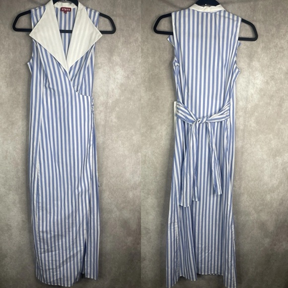 STAUD Dresses & Skirts - STAUD Cotton Poplin Stripe Faux Wrap Maxi Dress In Blue Women's Size 4